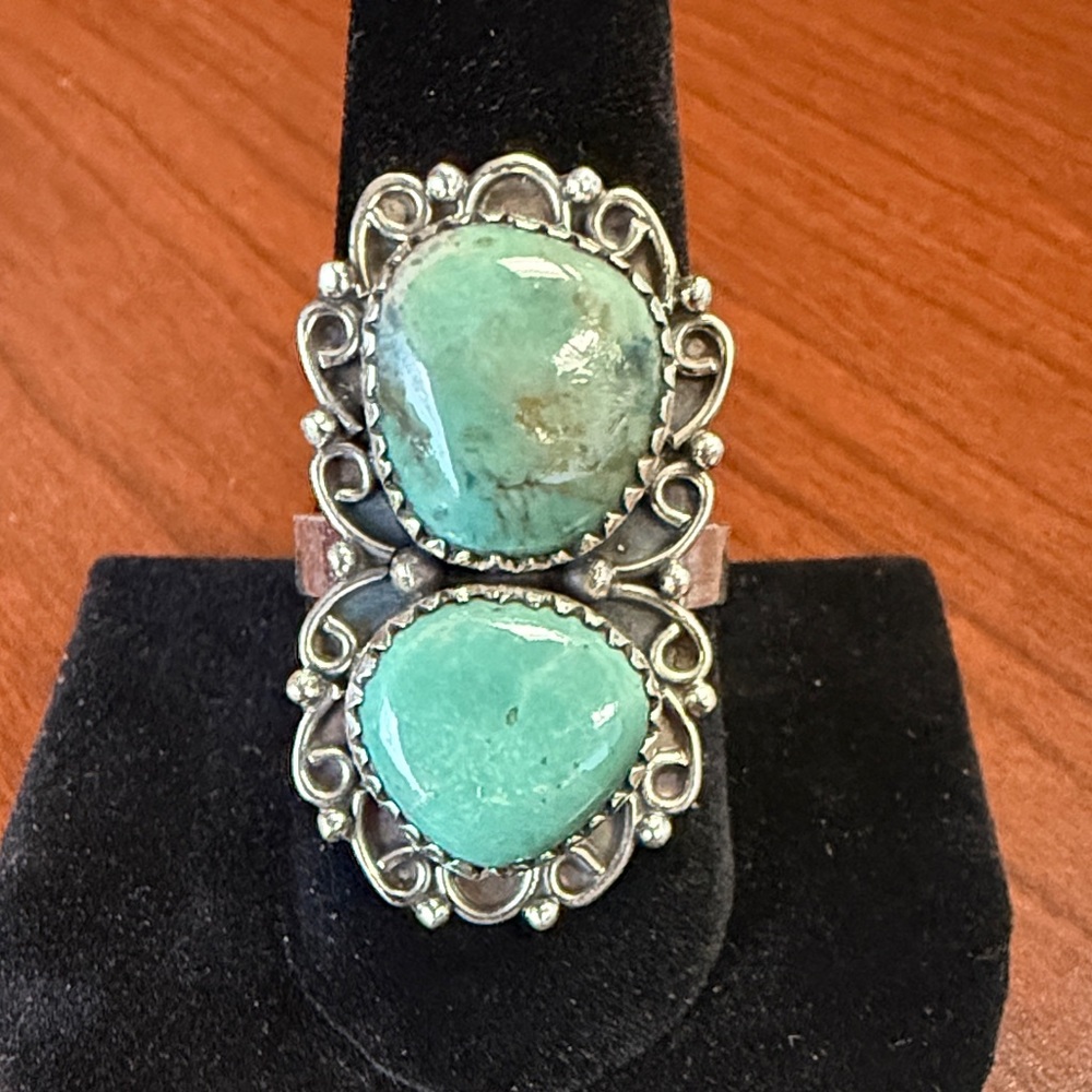 New 925 Sterling Silver Genuine 2 Stone Turquoise Ring Size 10